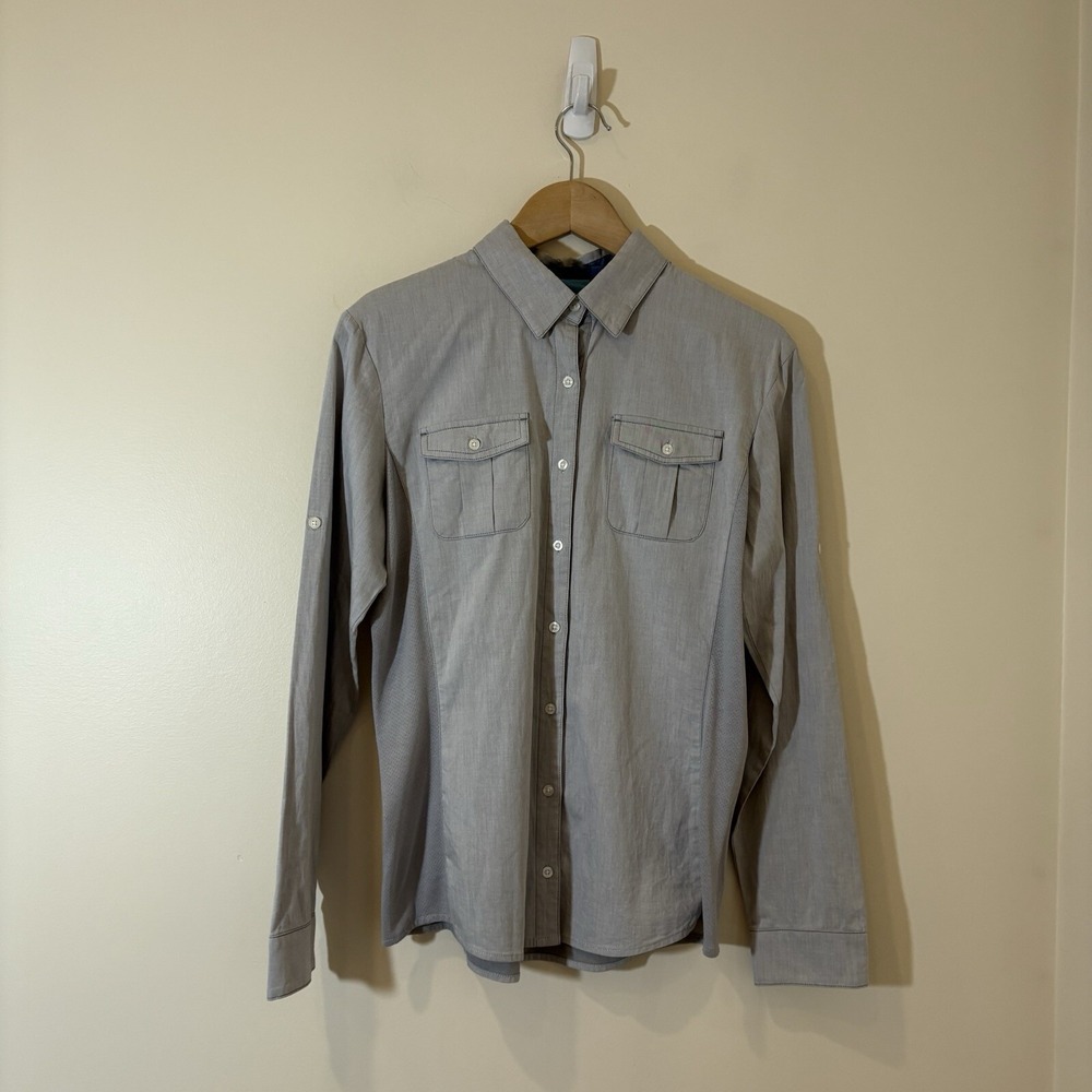 Kuhl Womens Button Up Shirt Medium Gray Vented Side Panels Pockets Outdoor Hike
